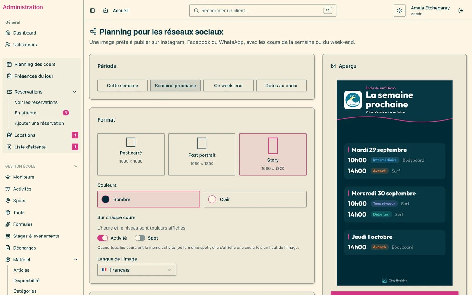 The “Social media schedule” screen: the period, the story format selected, the colours and, on the right, the image preview