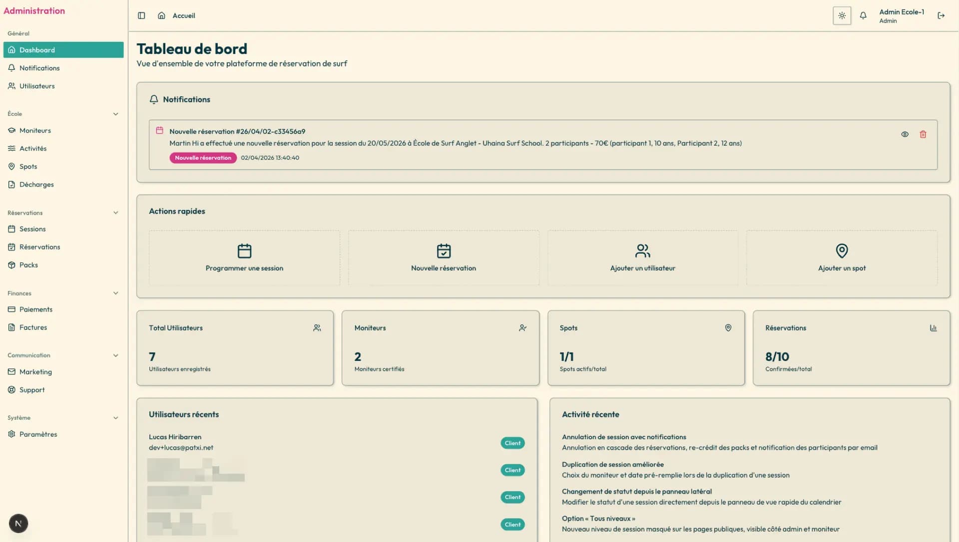 Tableau de bord ERP OTOY BOOKING